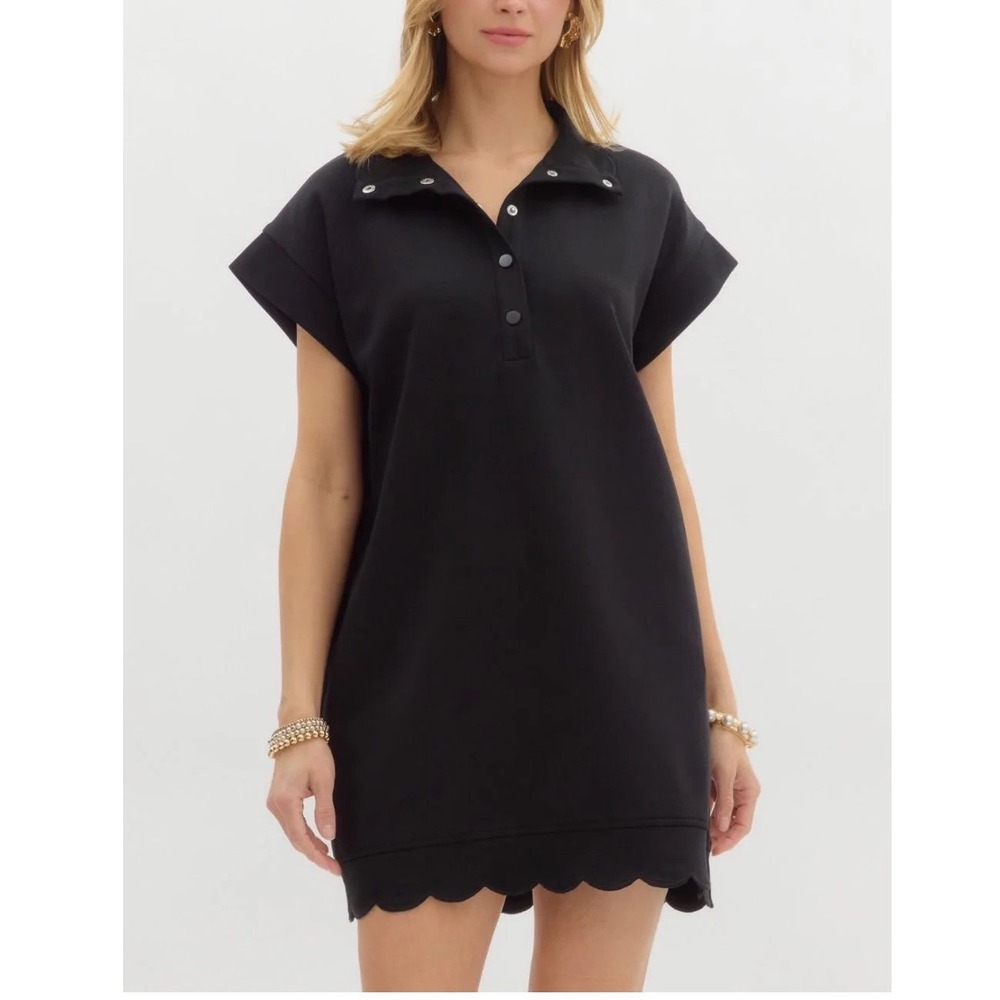 Entro Scalloped Hem Mini Dress Black Collared Short Sleeve Sweatshirt Plus Sz 2X